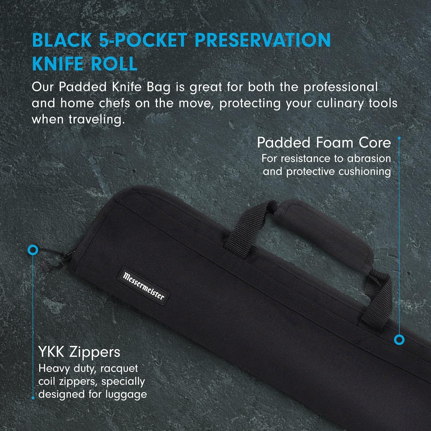 image:imageMessermeister Preservation 5Pocket Knife Luggage Black 5 Elasticized Reinforced Pockets for Culinary Tools Holds Up to 18 Knife Made From 100 Recycled Water Bottles