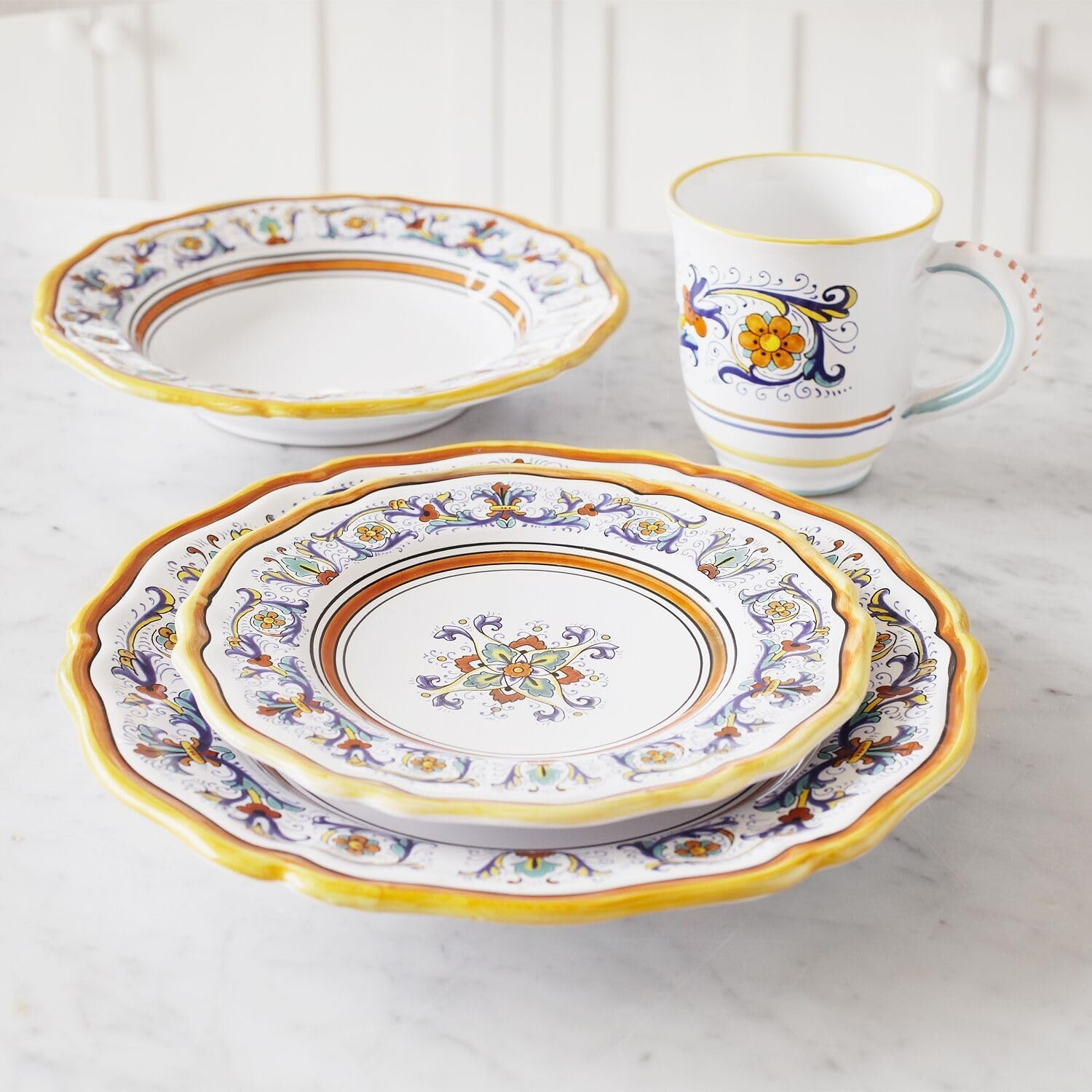 image:imageSur La Table Nova Deruta 16 Piece Ceramic Dinnerware Set Italian Inspired Floral Designed Mugs Dinner Plates Salad Plates and Bowls Service for 4