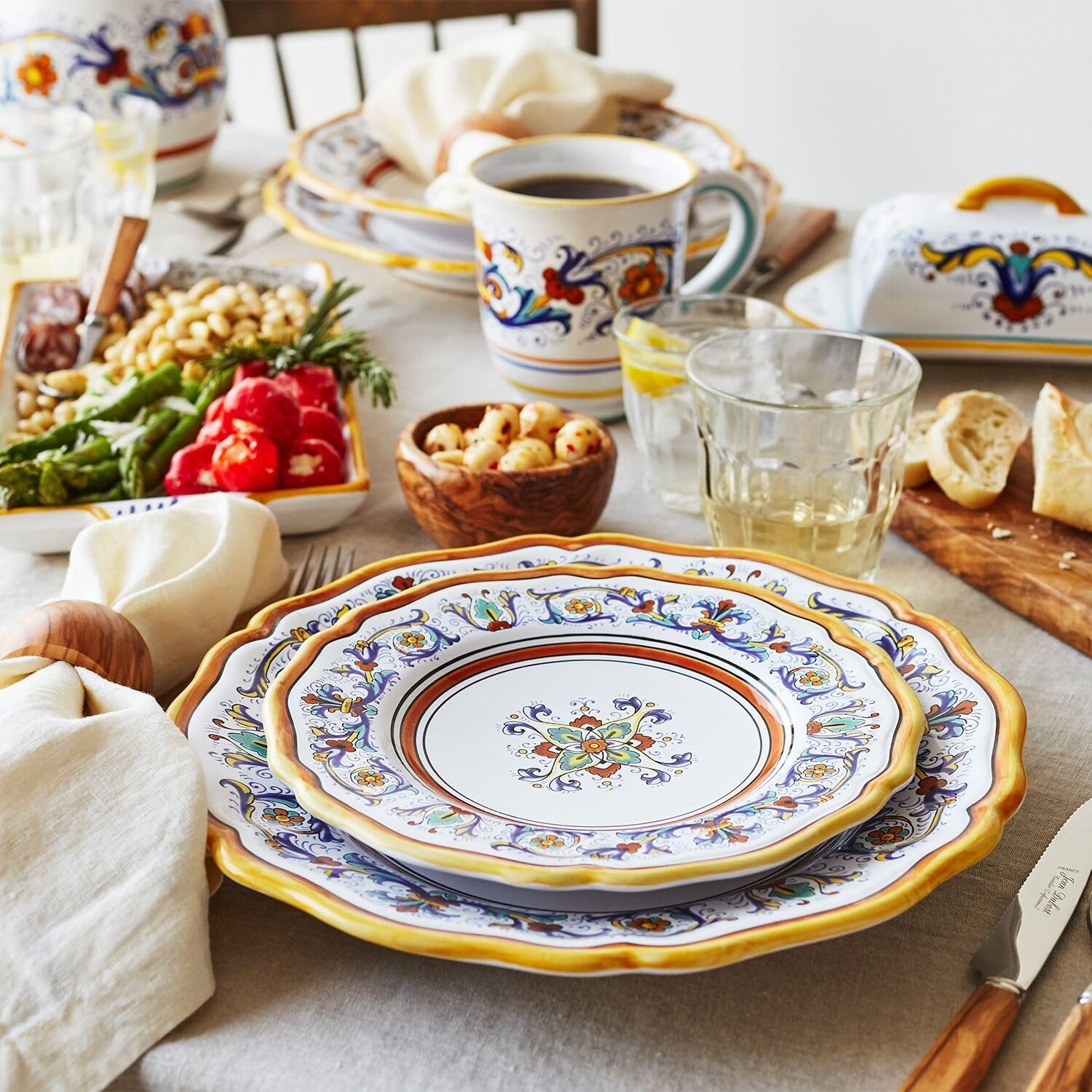 image:imageSur La Table Nova Deruta 16 Piece Ceramic Dinnerware Set Italian Inspired Floral Designed Mugs Dinner Plates Salad Plates and Bowls Service for 4