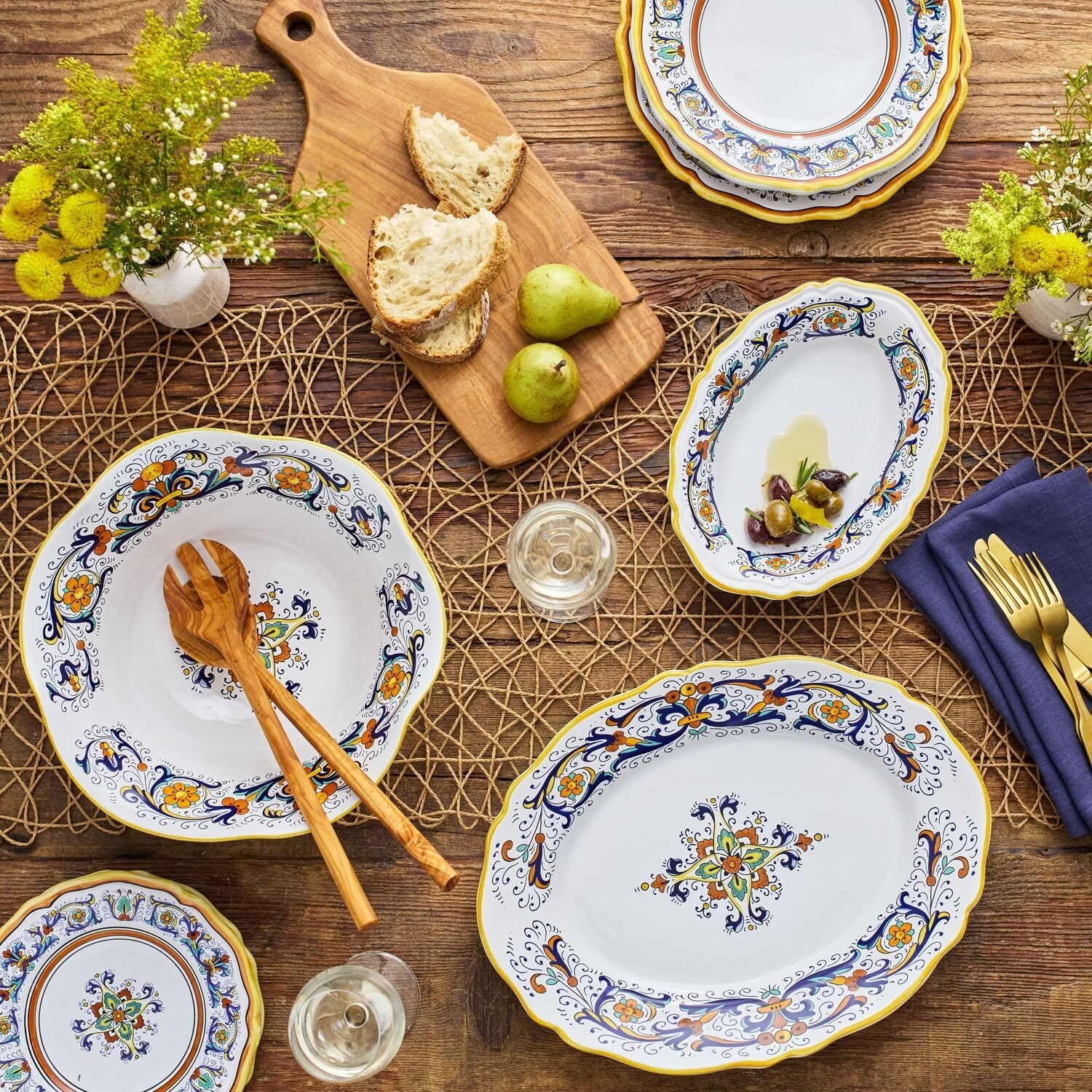 image:imageSur La Table Nova Deruta 16 Piece Ceramic Dinnerware Set Italian Inspired Floral Designed Mugs Dinner Plates Salad Plates and Bowls Service for 4