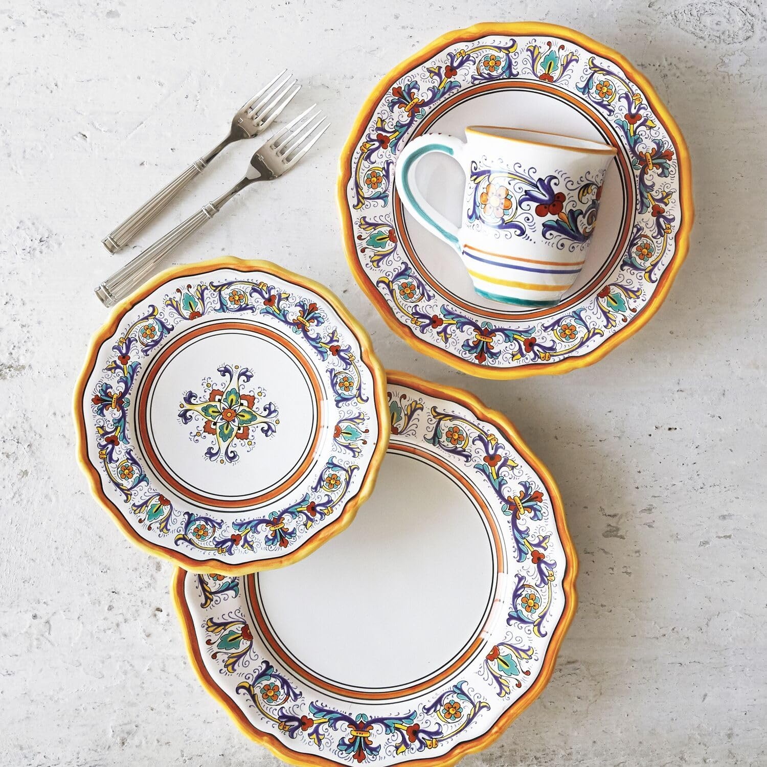 image:imageSur La Table Nova Deruta 16 Piece Ceramic Dinnerware Set Italian Inspired Floral Designed Mugs Dinner Plates Salad Plates and Bowls Service for 4