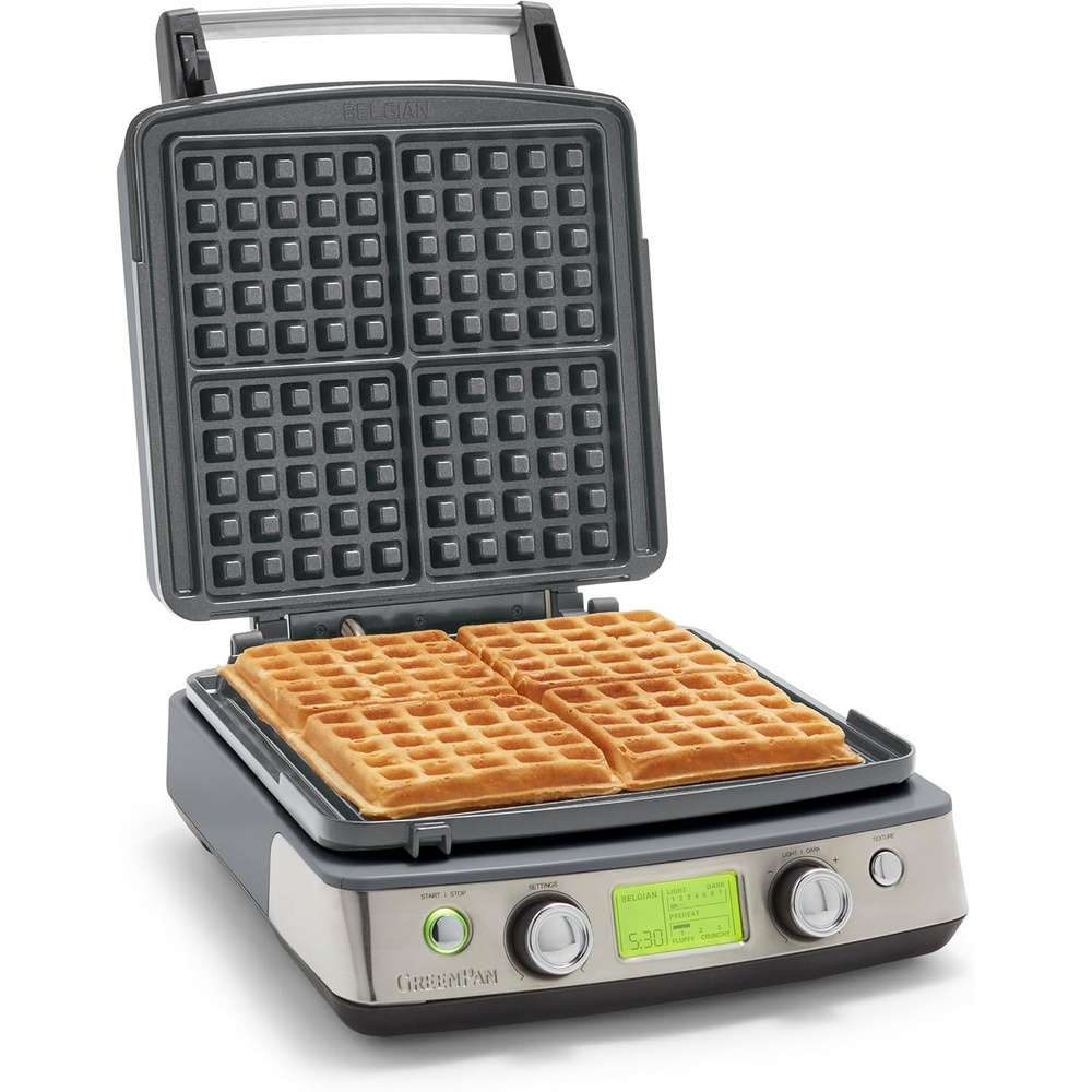 image:imageGreenPan Elite 4Square Belgian amp Classic Waffle MakerHealthy Ceramic Nonstick Dishwasher Safe Plates Adjustable ShadeCrunch Control Wont Overflow Easy Cleanup Breakfast PFASFree WhiteGraphite