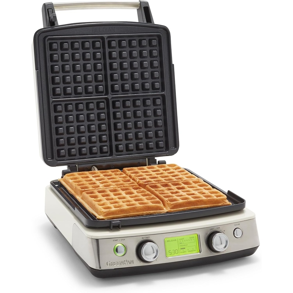 image:imageGreenPan Elite 4Square Belgian amp Classic Waffle MakerHealthy Ceramic Nonstick Dishwasher Safe Plates Adjustable ShadeCrunch Control Wont Overflow Easy Cleanup Breakfast PFASFree WhiteCream White