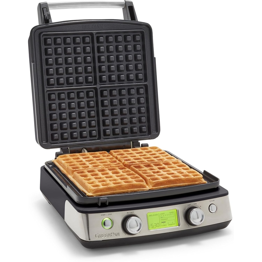 image:imageGreenPan Elite 4Square Belgian amp Classic Waffle MakerHealthy Ceramic Nonstick Dishwasher Safe Plates Adjustable ShadeCrunch Control Wont Overflow Easy Cleanup Breakfast PFASFree WhiteBlack