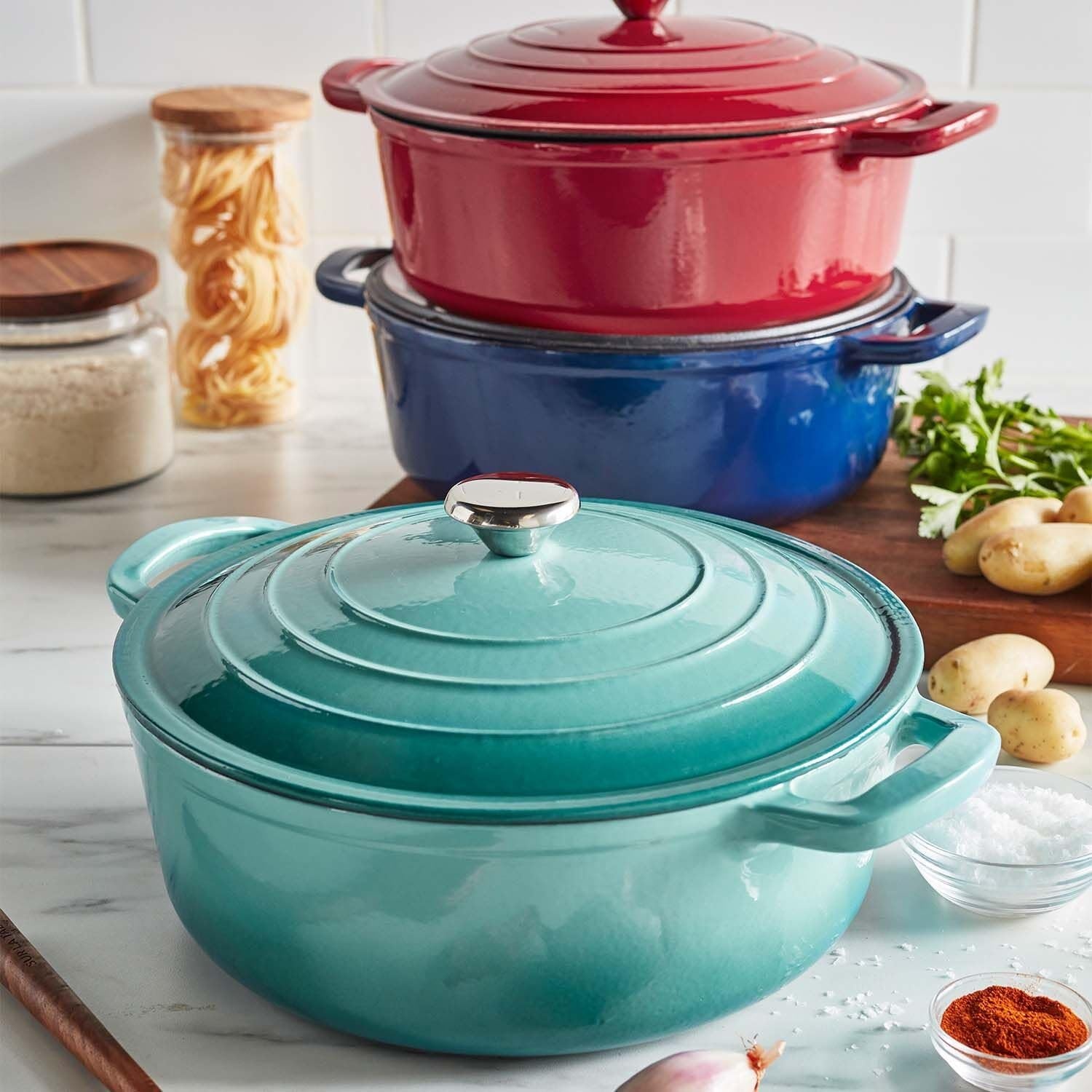 image:imageSur La Table 7Qt Enameled Cast Iron Dutch Oven With Lid for Braising Baking amp Deep Frying Induction Compatible Oven to 500F Seals in Moisture for Flavorful Results BlueLight Blue