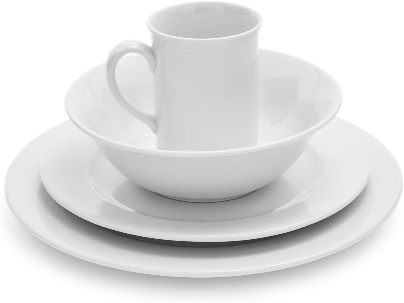 image:imageSur La Table Bistro 24 Piece Porcelain Dinnerware Set includes Dinner Plates Salad Plates Cereal Bowls and Mugs Service for 6 White Microwave and Dishwasher
