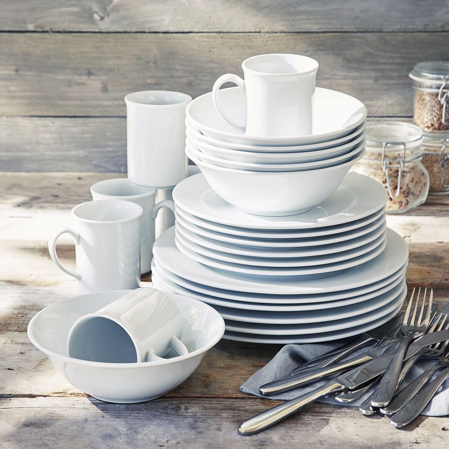 image:imageSur La Table Bistro 24 Piece Porcelain Dinnerware Set includes Dinner Plates Salad Plates Cereal Bowls and Mugs Service for 6 White Microwave and Dishwasher
