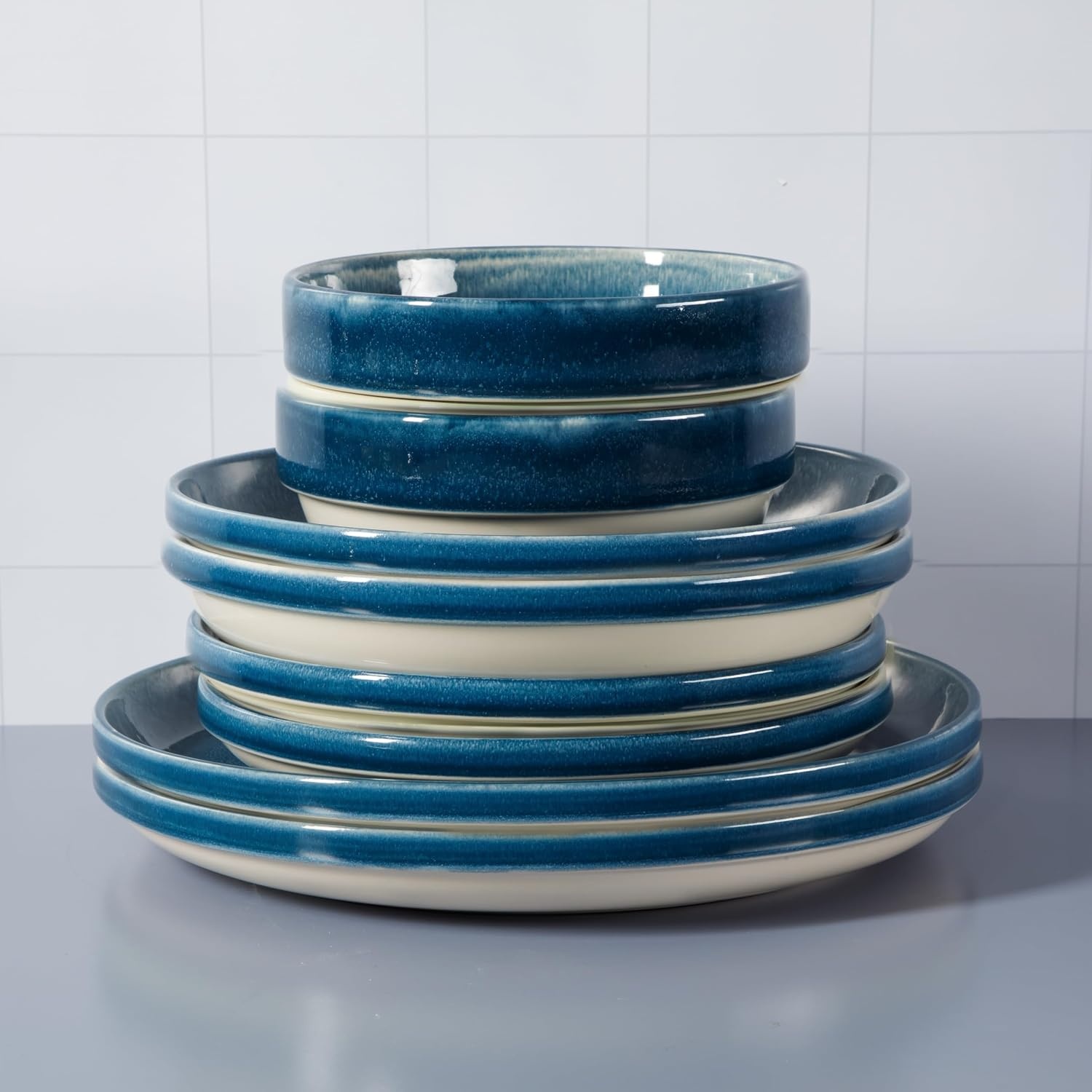 image:imageSur La Table Kitchen Essentials Banquette 16 Piece Double Bowl Plates and Bowls Reactive Glaze Stoneware Dinnerware Set BlackBlue