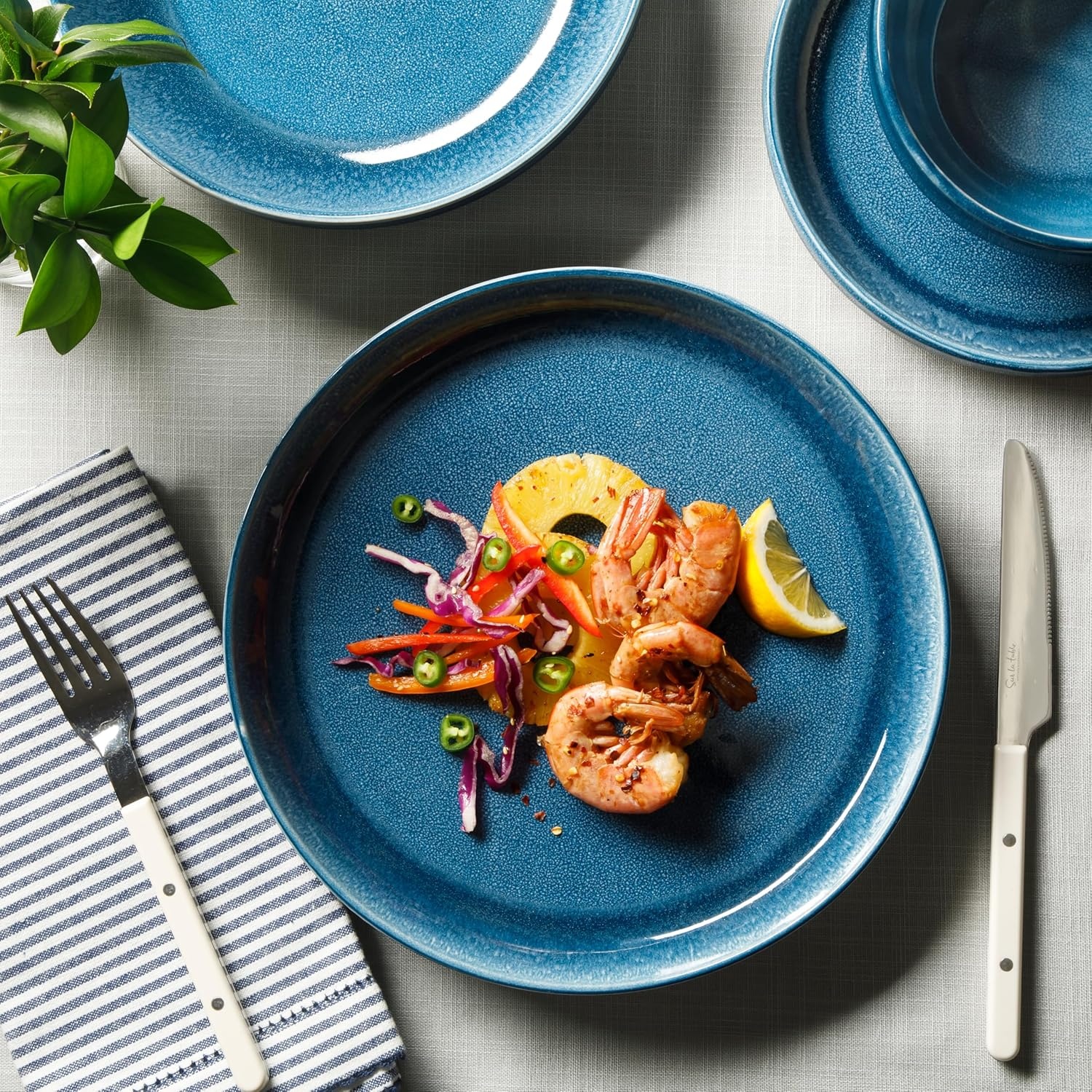 image:imageSur La Table Kitchen Essentials Banquette 16 Piece Double Bowl Plates and Bowls Reactive Glaze Stoneware Dinnerware Set BlackBlue