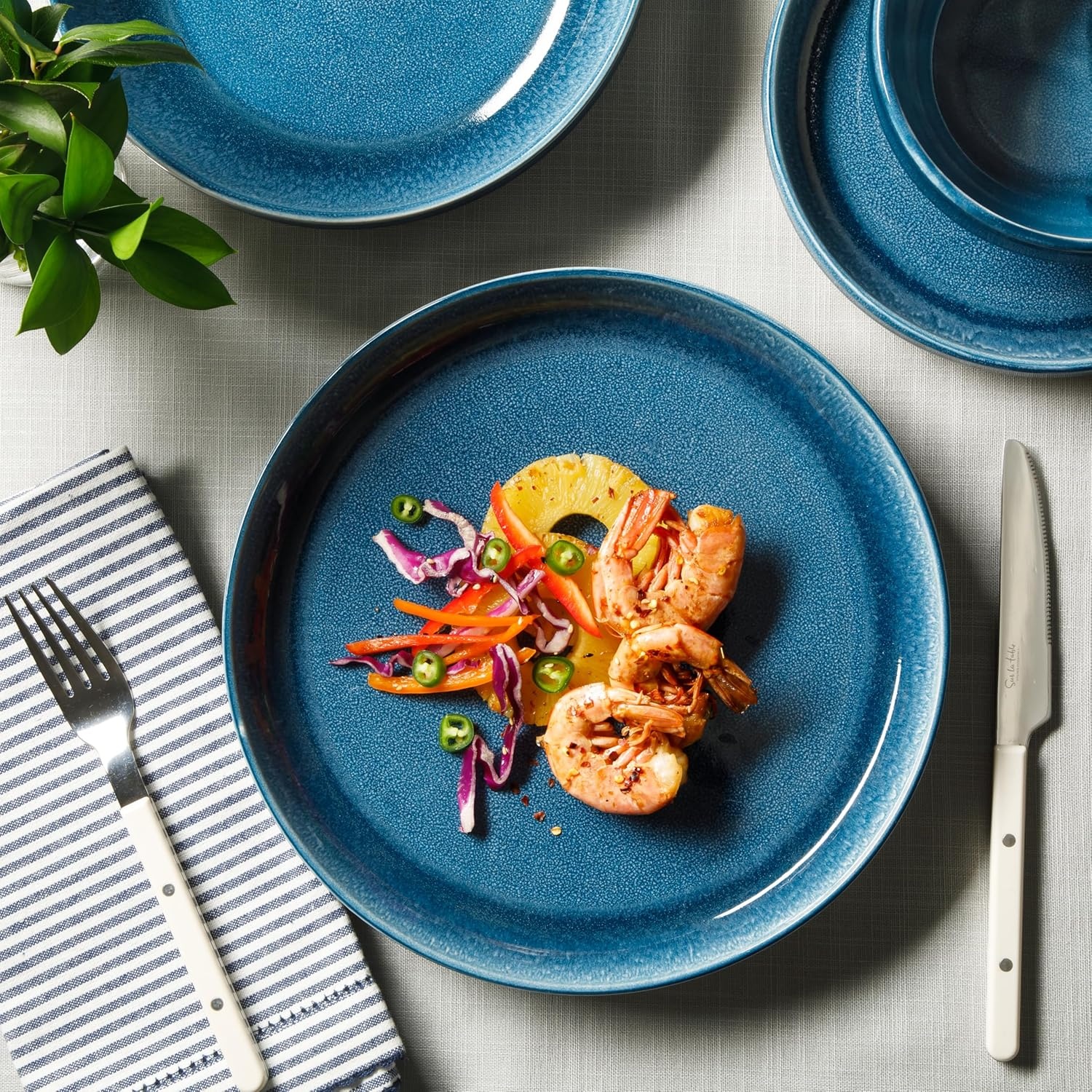 image:imageSur La Table Kitchen Essentials Banquette 16 Piece Double Bowl Plates and Bowls Reactive Glaze Stoneware Dinnerware Set BlackBlue