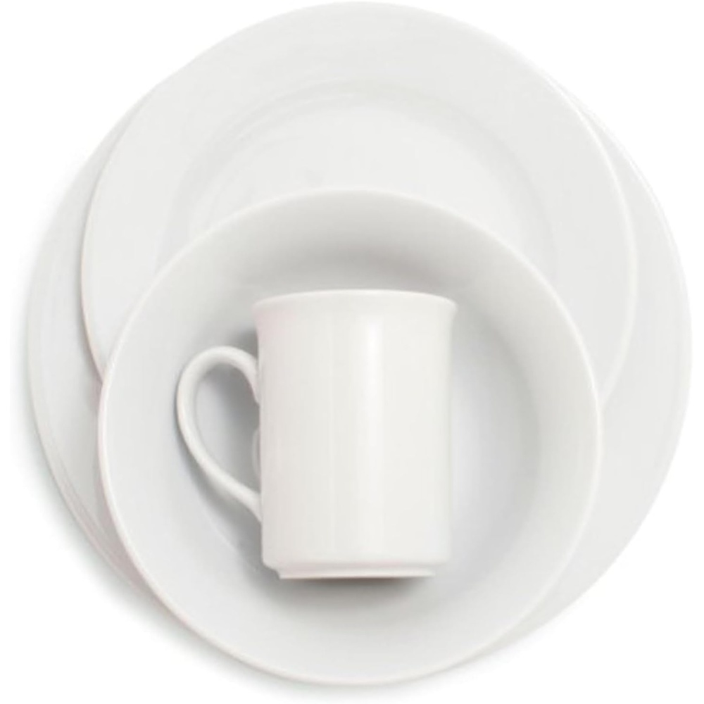 image:imageSur La Table Bistro 24 Piece Porcelain Dinnerware Set includes Dinner Plates Salad Plates Cereal Bowls and Mugs Service for 6 White Microwave and Dishwasher