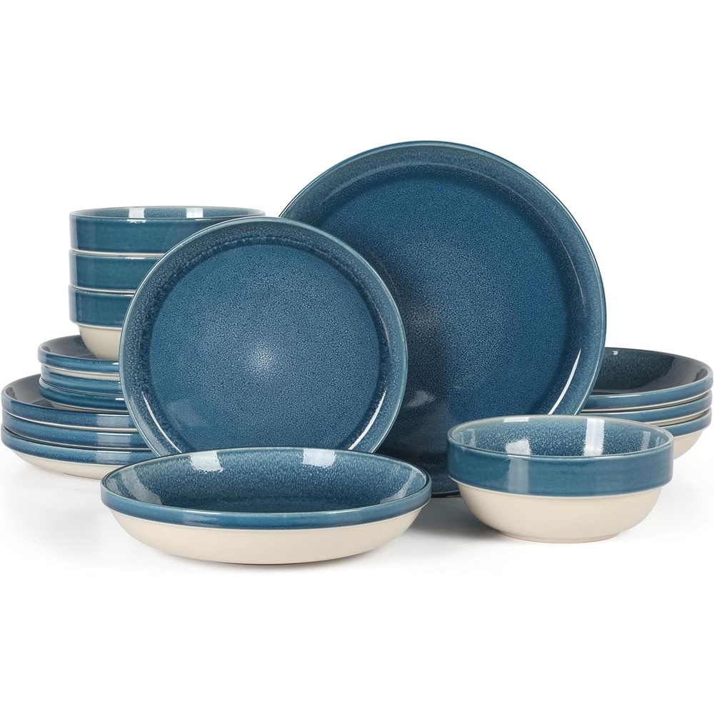 image:imageSur La Table Kitchen Essentials Banquette 16 Piece Double Bowl Plates and Bowls Reactive Glaze Stoneware Dinnerware Set BlackBlue